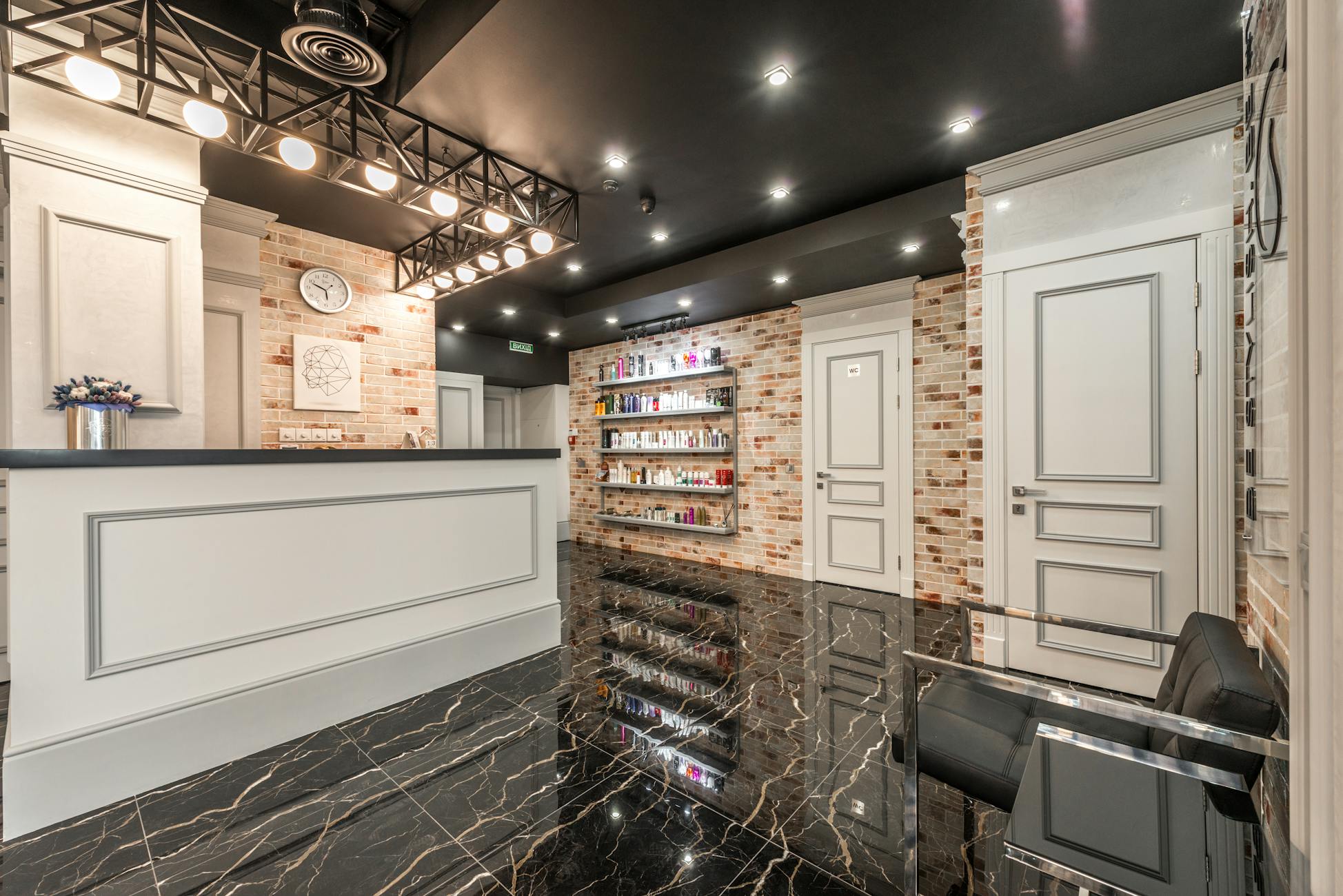 Premium reception area with curated grooming products